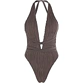 ZAFUL Women's One Piece Swimsuit Deep V Neck Ribbed Self Tie Sexy High Cut Bathing Suit Crisscross Back Swimwear