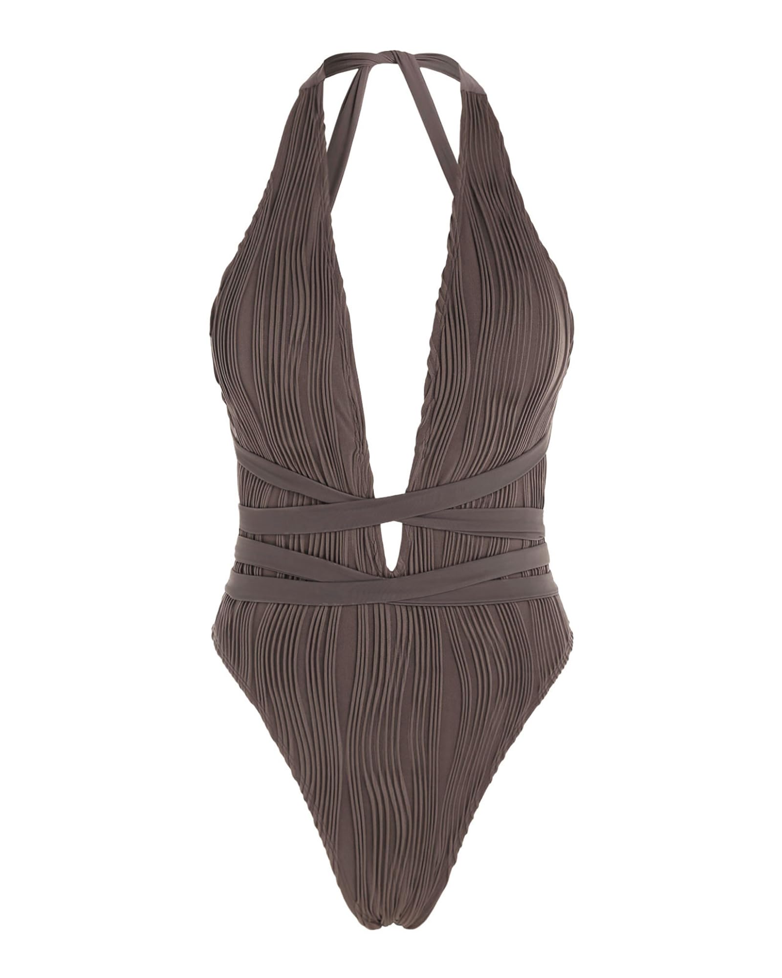 Photo 1 of ZAFUL Women Plunging One Piece Swimsuit Backless Cross Tie High Cut Thong One-Piece Bathing Suit 3-Coffee S