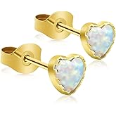 XUU G23 Titanium Heart Opal Stud Earrings for Women, Minimalist Push Back Piercing Jewelry, Hypoallergenic 20G Earrings Pair, Dainty Lobe Helix or Cartilage Stud