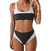 B2prity Women's Bikini Set Two Piece Swimsuit Color Block Slimming Bathing Suit High Waisted Scoop Neck Swimwear