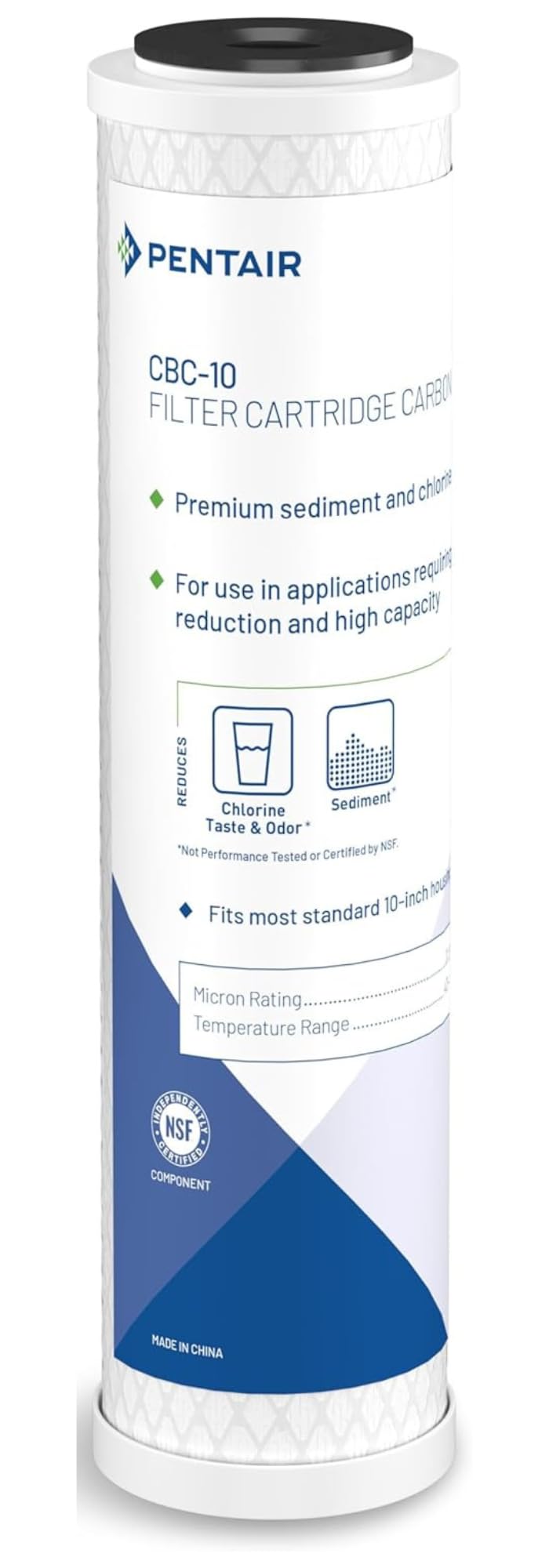 Pentek CBC-10 ECP20-20BB Standard Residential Under-The-Counter Water Inch, Block Cartridge with Bonded Powered Activated Carbon (PAC) Filter, 3” x 10”, 0.5 Micron, Cellulose Polyester, White