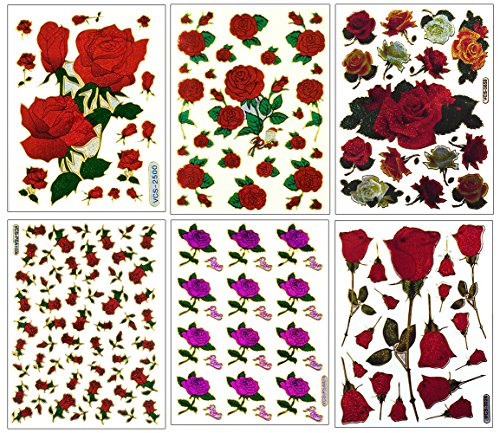 Rose003 - 6 Different Sheets Red Rose Decorative Scrapbook Reflective Stickers- Size 4 x 5.25 Inch./Sheet