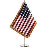 Flagolden American Desk Flag Set with Fringe, Desktop 10x13 Inch American USA Flag with Stand for Office Decor, Double Sided Table Flag with Metal Stand Base