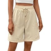Oymyakon Women's Bermuda Long Shorts Summer 8'' High Waisted Casual Short Elastic Drawstring Pull On Short with Pocket