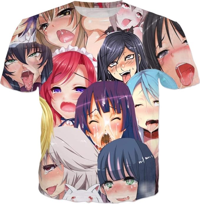 RHGZ Ahegao T-Shirt Voll 3D Gedruckt Herren Kurzarm Pullover Lustige Anime Red Face Trainingsanzug Übergröße