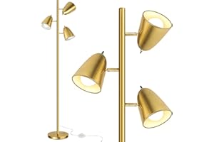 QiMH Tree Floor Lamp with 3 Light Bulbs, Standing Tall Pole Lamps for Living Room Bedroom Office, Reading Stand up Lamps with 3 Adjustable Arms, Brushed Gold