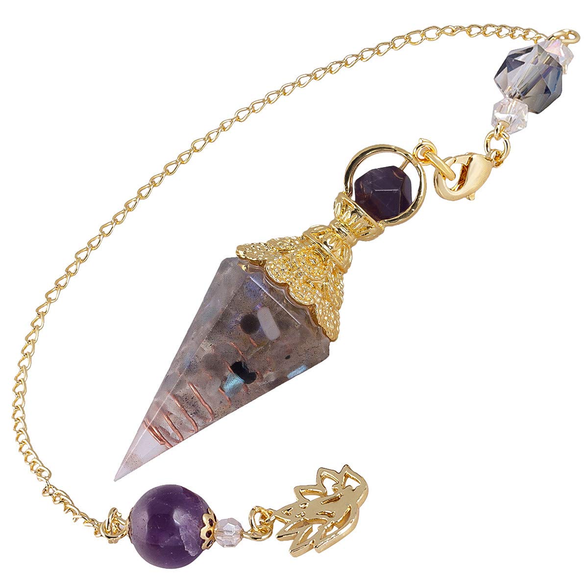 Nupuyai Labradorite Healing Crystal Point Dowsing Pendulum for Divination Scrying, Resin Chip Stone Faceted Hexagonal Pendulum with Chain