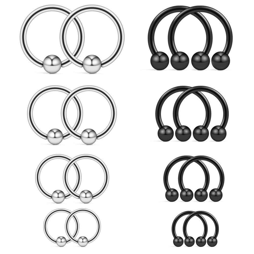 Ruifan 8PRS (16PCS) 14G Acero quirúrgico Herradura y cuentas cautivas Aro para nariz Septum Pendiente Ceja Lengua Labio Pezón Hélice Tragus Piercing Anillos 6-12 mm - Plata y negro