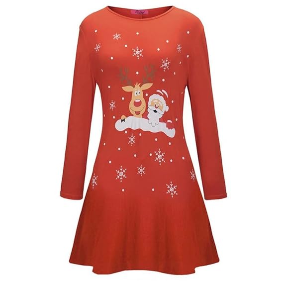 Btruely Weihnachtskleid Damen Rückenfreies Kleid Christmas Kleider Langarmshirt Xmas Elch Gedruckt Kleid A-Line Kleid Spitze 