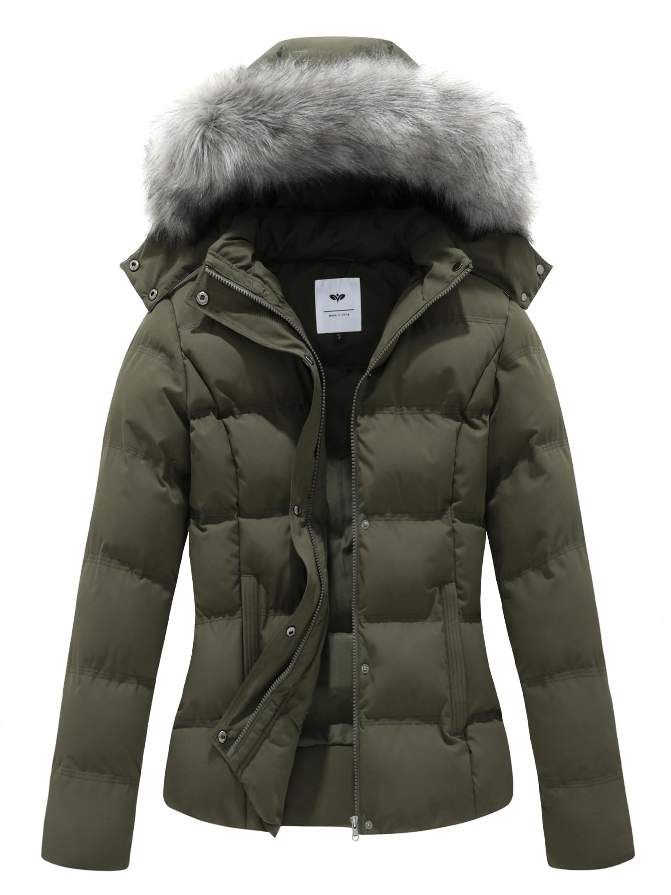 GGleaf Women's Plus Size Hooded Warm Winter Coat Quilted Thicken Puffer Jacket with Removable Fur Hood Army Green 3X Image