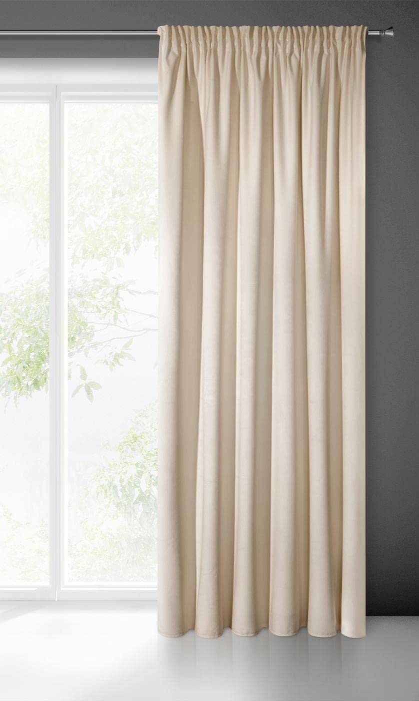 Eurofirany Soft Plain Opaque Velvet Curtain with Rufflette Tape for Rail-1 Unit, Fluffy Panel Drape Classic Glamour Elegant Living Room, Bedroom, 290 g/m2, Polyester, Beige, W55 x L106
