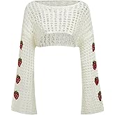 SHENHE Women's Strawberry Top Y2k Knit Shrug Sweater Crochet Crop Hollow Out Long Sleeve See Through Sweater Tops