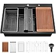 33 Black Drop In Kitchen Sink Workstation-VASOYO 33x22 Inch Drop In Workstation Kitchen Sink Gunmetal Black Stainless Steel Sink 16 Gauge 10 Inch Deep Single Bowl Kitchen Sink with Cutting Board
