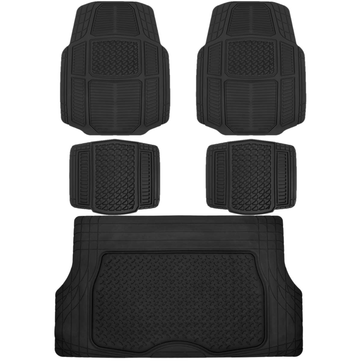 BDK AB110-C3 Black RuggedDuty Car Rubber Floor Mats w/Cargo Trunk Liner for Auto Sedan SUV Van - Total Protection