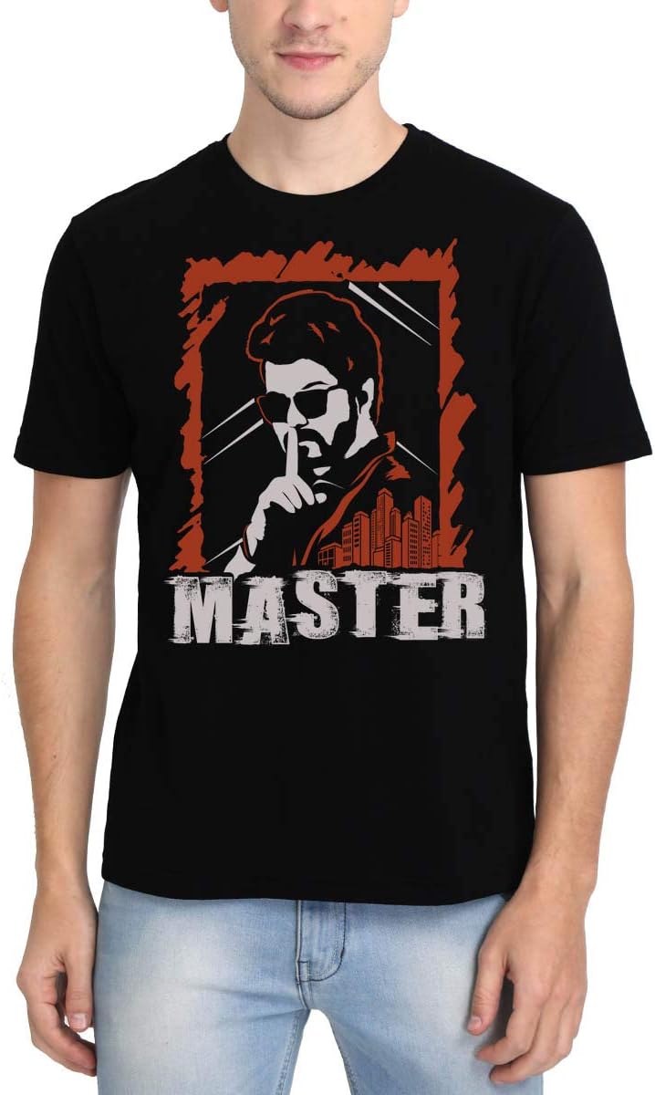 Crazy Punch Thalapathy Vijay Master Intense Look Men's Black Half Sleeve Tamil Movie Round Neck T-Shirt