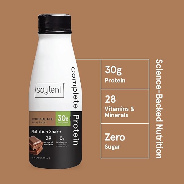SOYLENT COMPLETE PROTEIN SHAKE, CHOCOLATE, 30G PROTEIN, VEGAN, DAIRY FREE AND 0G SUGAR, READY TO DRINK PROTEIN DRINKS, 11OZ (12 PACK)