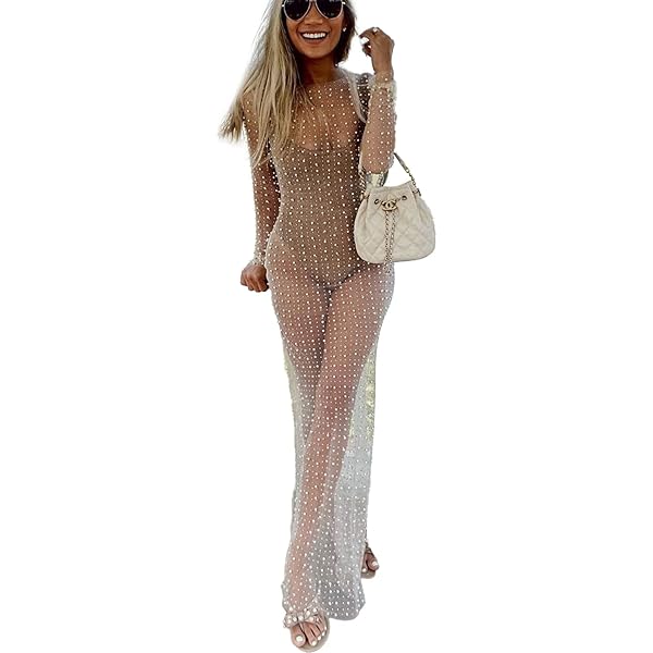 fitted lace wedding dress Women's Pearl Dress Cover ups Long Sleeve mesh Dress Sheer Dress Overlay  Beaded Tops for Women Embellished Shirt  (P-Black,M(8-10),US,Alpha,Medium,Regular,Regular) at Amazon Women's Clothing  store main image 0