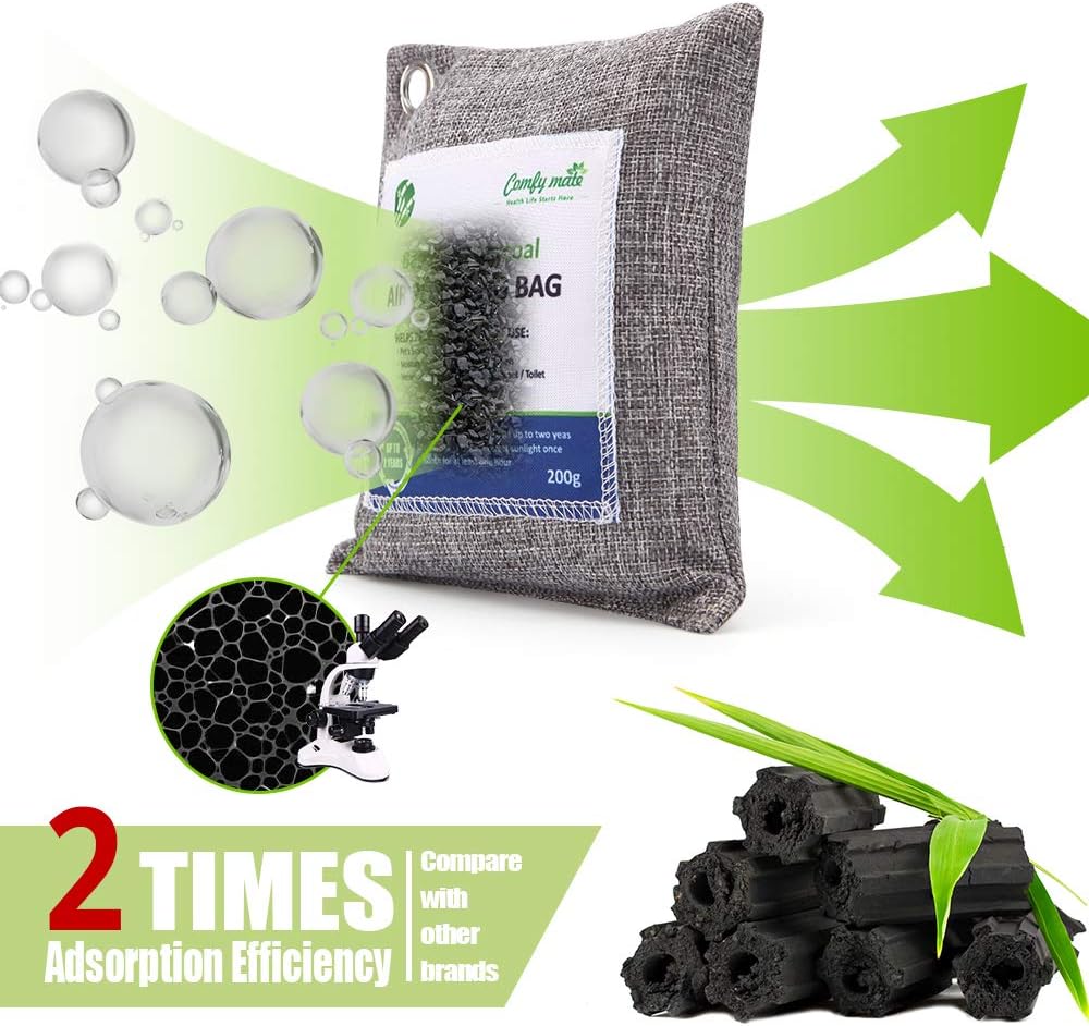 5 Pack Bamboo Charcoal Air Purifying Bags with Hooks, Charcoal Bags Odor Absorber for Home, Odor Eliminator, Closet Deodorizer, Car Air Freshener(5 Pack, 200g Each): Kitchen & Dining