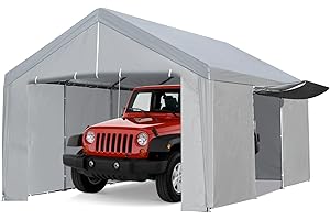 ACONEE Carport 10×20 FT Heavy Duty Car Canopy Storage Shed, Portable Garage Party Tent with Removable Sidewalls & Doors, Reinforced Triangular Beam, All Metal Frame, Garage Shelter Waterproof, Grey