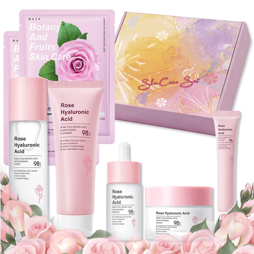 Skin Care Sets, Rose Skincare Set for Women & Teenage Girls with Rose Extracts-Face Cream, Essence,Toner,Cleanser,Eye Cream,Mask,Pamper Gifts For Women