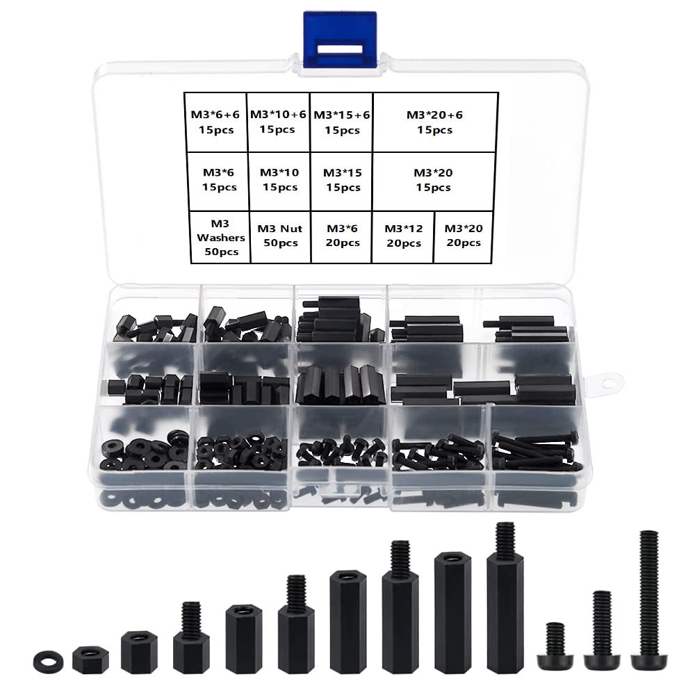 YIXISI 280 M3 Male Female Nylon Hex Spacer Standoff Screw Nut Threaded Pillar Assorted Assortment Kit, for DIY Electrical Circuit Board and Machine Board Assortment Mounting Hardware, Black