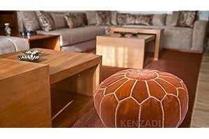 KENZADI Stuffed Genuine Leather Pouf Handmade Stitched in Marrakech by Moroccan Artisans (Tan)