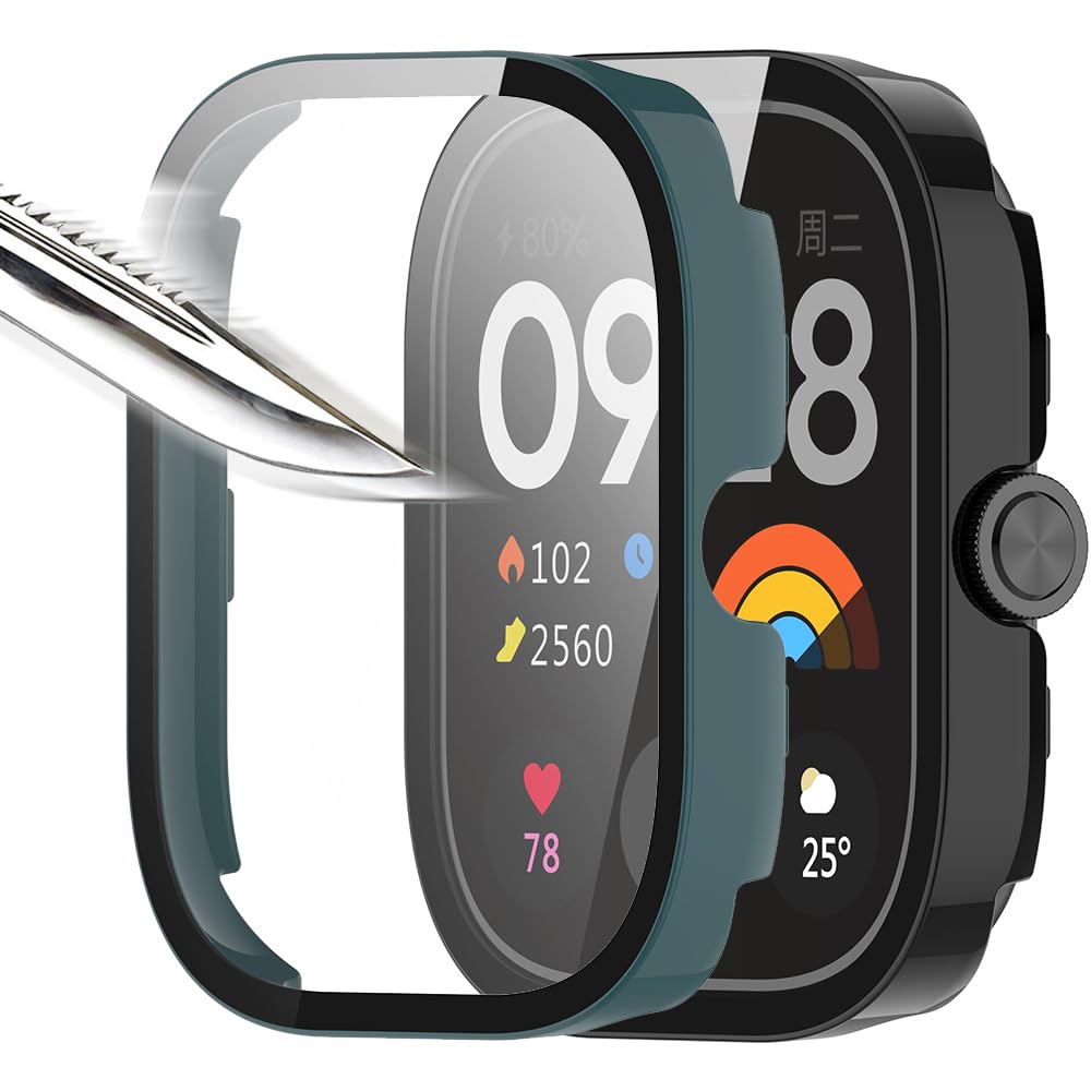 Msiall [2 Pieces] Black Green with Tempered Glass Screen Protector for Redmi Watch 4, 9H Hardness PC Case, Bumper, Slim Complete Protective Case for Smart Redmi Watch 4