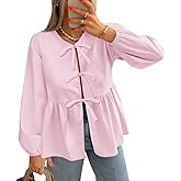 Tankaneo Womens Long Sleeve Babydoll Tops Tie Front Blouses Peplum Cute Flowy Shirts