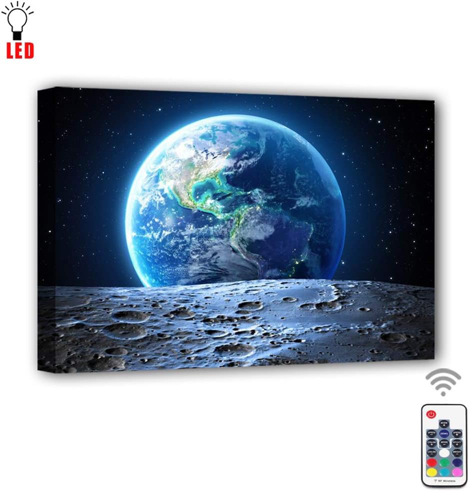 Coming My House Canvas Wall Painting Art Led with Remote Control,RGB Led Universe Moon and Earth Picture Canvas Wall Art for Living Room,7 Colors Change,Battery Operated-15.75" x 11.8"