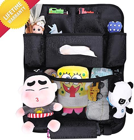 Premium Car Back Seat Organizer for Kids Protector Durable Soft Material Backseat Car Organizer with Tissue Holder &amp; Large Mesh Pocket Tablet Holder, Toy Storage-16.5x21.2 Inches (Black)