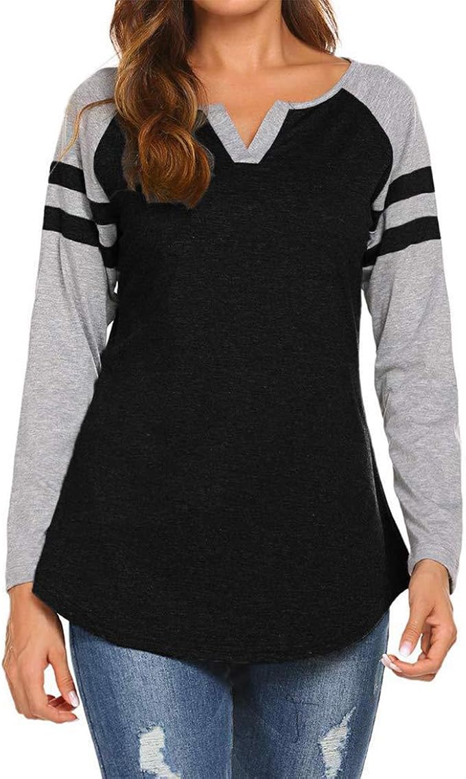 Womens T Shirt Tops Long Sleeve Patchwork Color Block Fashion Loose VNeck AllMatch Blouse
