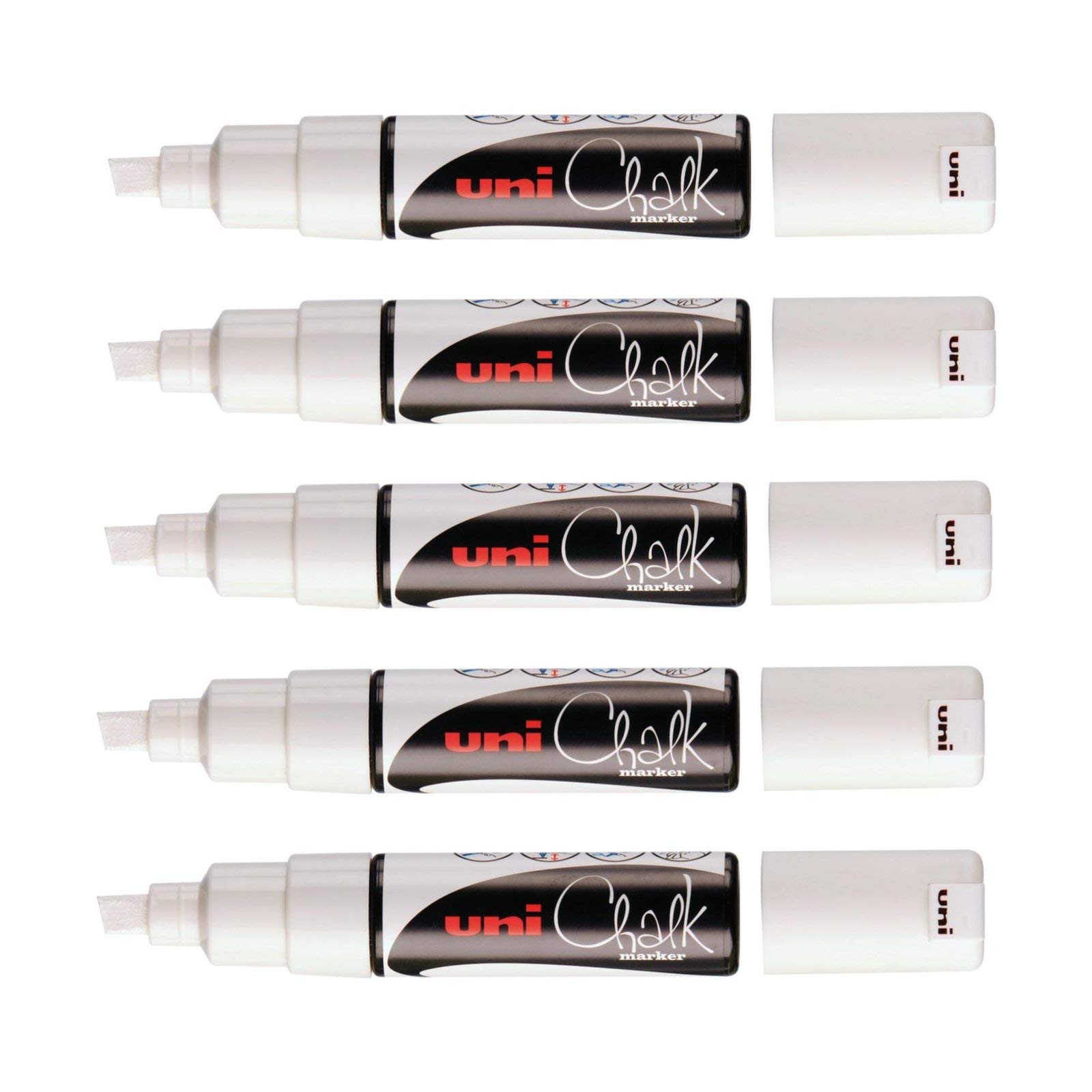 uni-ball - Mitsubishi Pencil - PWE-8K Multi-Purpose Chalk Marker - Rain Resistant - Ideal for Glass Mirrors - Chisel Tip 8 mm - Pack of 5 - White