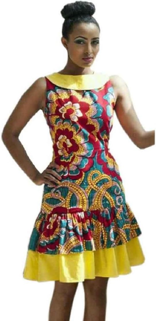 FEITONG New Women Summer Casual Deep V-Neck Traditional African Print Party Dresses