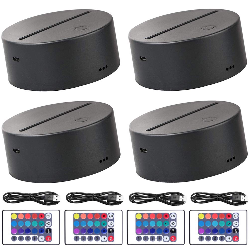 4Pcs 3D Night LED Light Lamp Base + Remote control + 1 Acrylic Sheet + USB Cable Adjustable 7 Colors Decoration Decorative Lights for Bedroom Childroom (4Pcs Black)