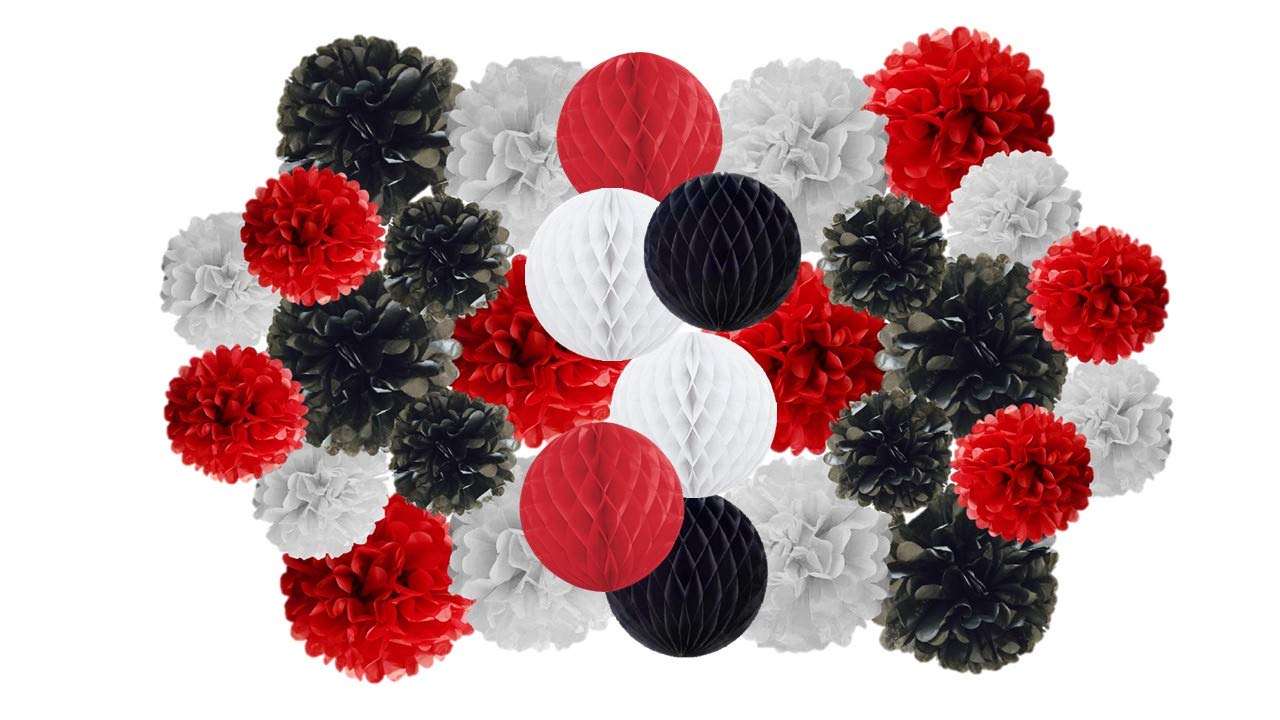 Matissa Pack of 30 mix of paper pompoms and honeycomb balls birthday wedding christmas vallentine school party decoration (Red/Black Shade)