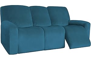 Easy-Going 8 Pieces Velvet Recliner Sofa Cover Stretch Reclining Slipcover Couch Cover for 3 Cushion Soft Washable Furniture Protector for Kids Pets (3 Seater, Peacock Blue)