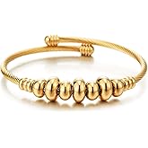 COOLSTEELANDBEYOND Elastic Adjustable Women Gold Stainless Steel Twisted Cable Bangle Cuff Bracelet with Beads String
