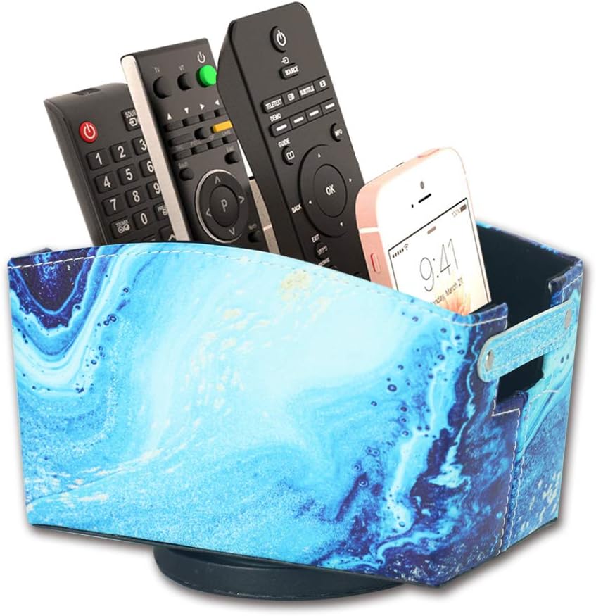 LIZIMANDU Designs TV Remote Control Holder,PU Leather Caddy Bedside Organizer Office Supplies | Nightstand Storage Desk Accessories | Rotating Base Faux Leather Multiple Compartments (Blue Quicksand)