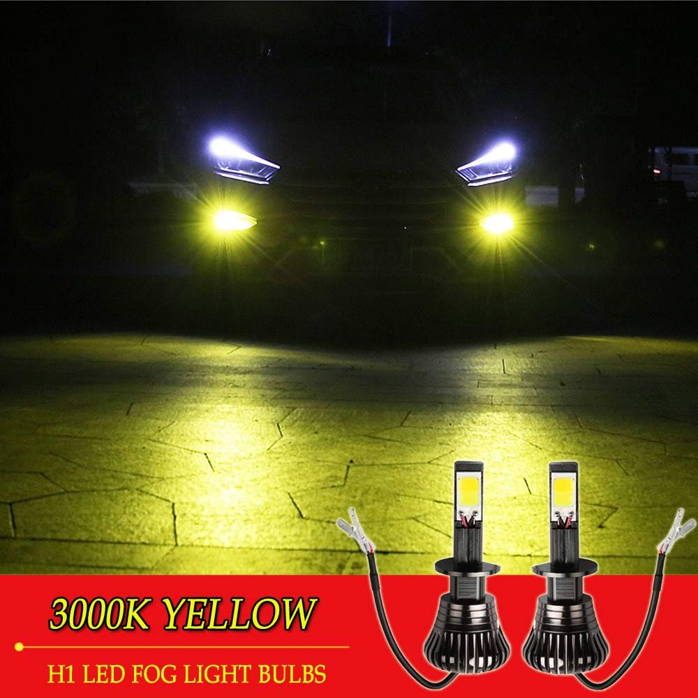 H1 LED Fog Lights Bulb Yellow Amber Gold Golden 3000K for Trucks Cars Lamps Kit Plug Error Free All in One High Power Replacement Bulbs 12V 30W 2800LM Super Bright COB Chips Pack of 2【1797】