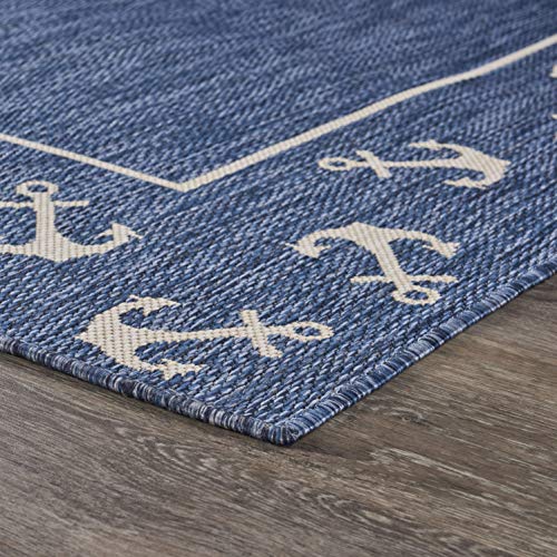 Lr Home Nautical Anchor Border Indoor Outdoor Rug, Blue/White, 5'3"" x 7'"