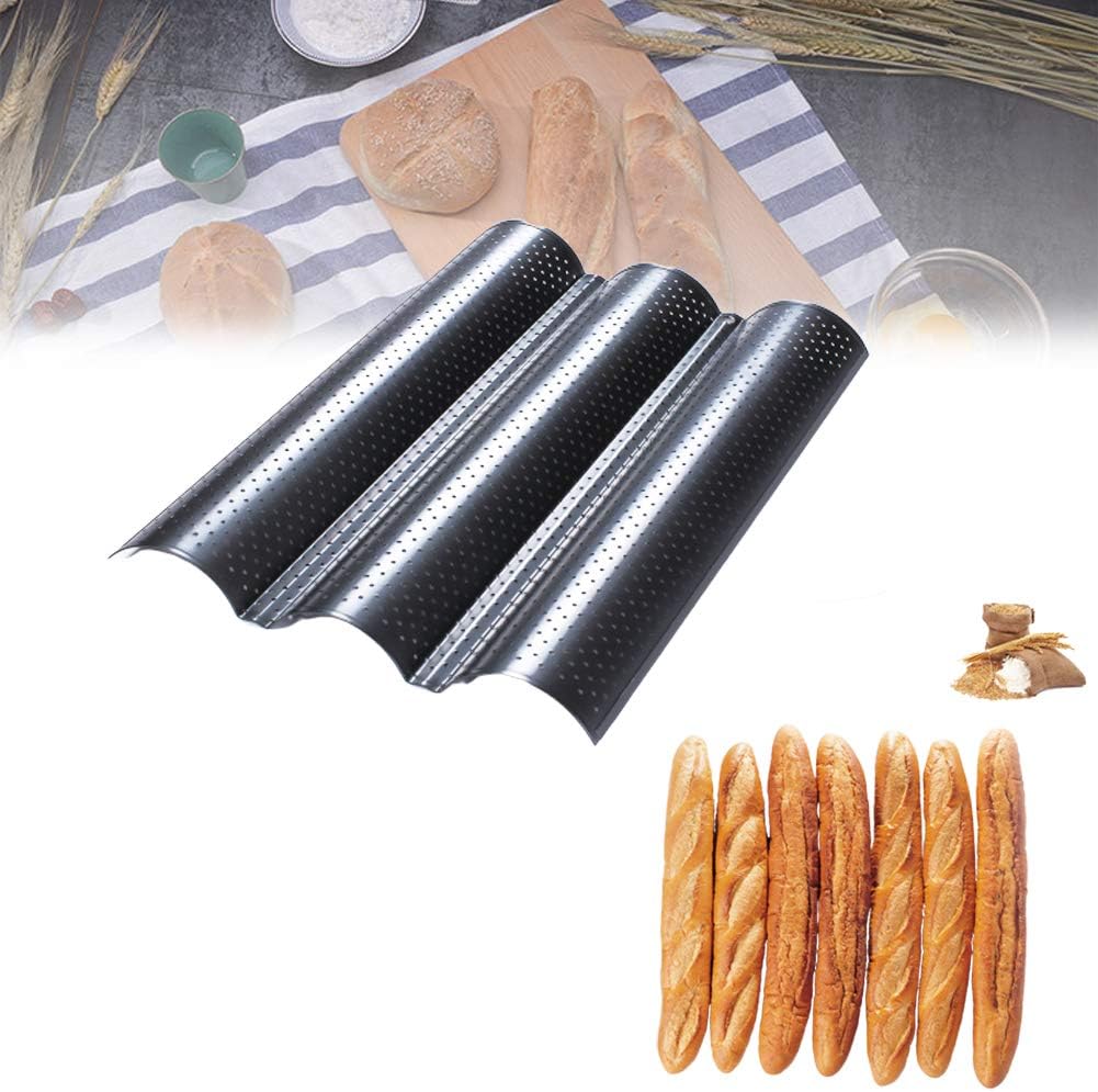 French Baguette Pan Non-stick Coated Pan Perforated French Bread Baking Tray Porous Bread Tray 10 Inches 3 Groove Wave Bread Baking Tool (Black(M))