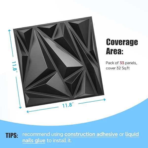 STICKGOO 33 PACK 3D WALL PANELS FOR INTERIOR WALL DECOR, BLACK DIAMOND DESIGN ACCENT WALL DECOR, 12”X12” MODERN WALL PANELS FOR GAMING ROOM BEDROOM TV BACKGROUND
