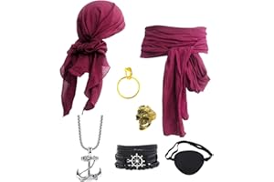 7pcs Pirate Costume Accessories for Women Men Pirate Head Scarf Pirate Sash Belt Eye Patch Necklace Accessories