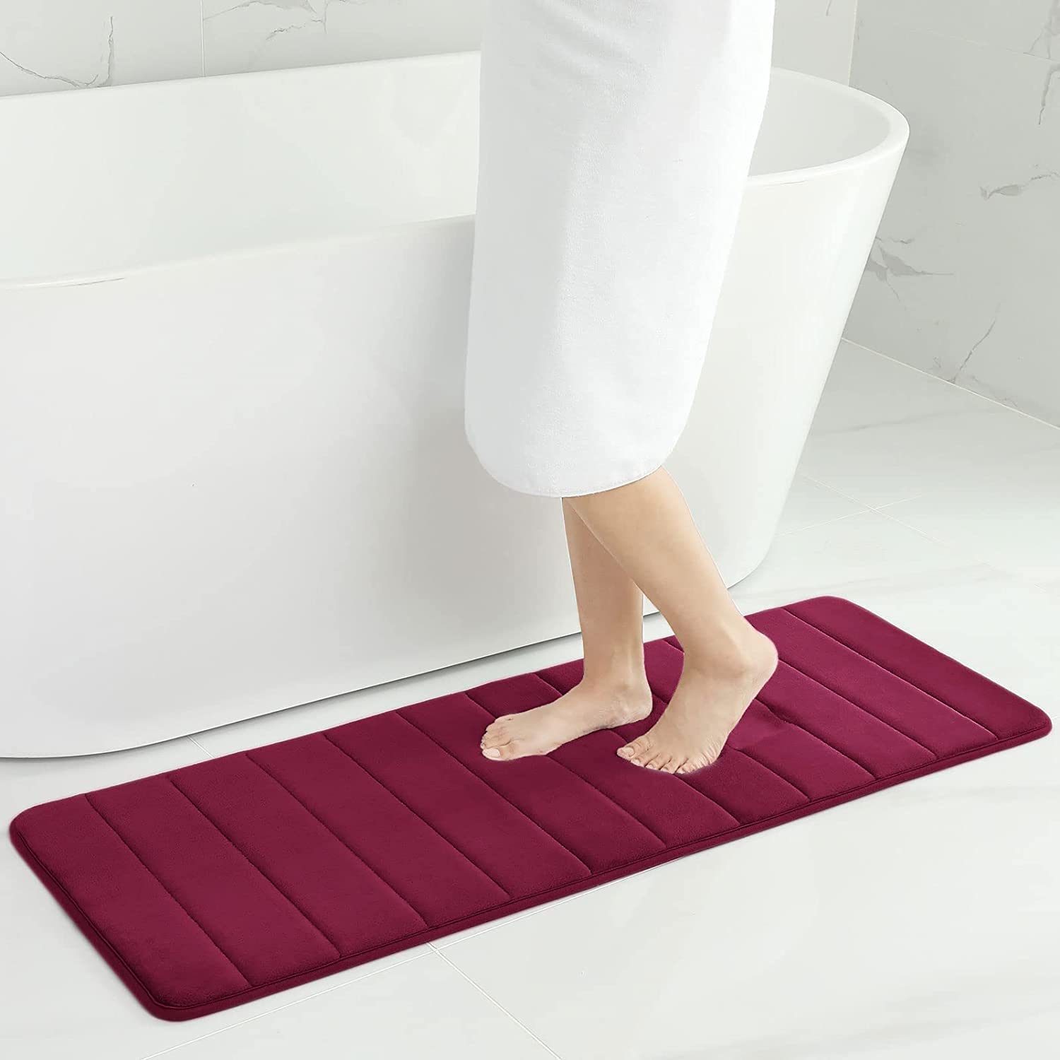 smiry Memory Foam Bath Mat, 40 x 120 cm, Extra Soft Non-Slip Bathroom Mat Runner, Super Absorbent Long Bath Mats for Bathroom Floor Machine-Washable Dry Bath Rug Foot Mat, Wine Red — image 1