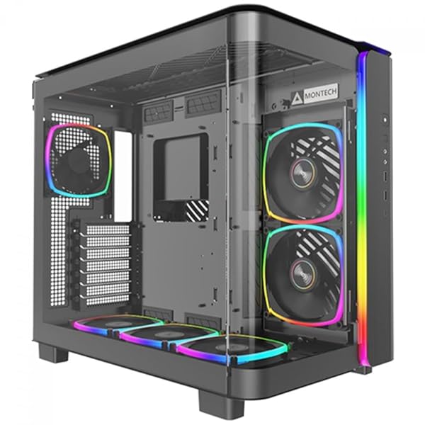 MONTECH KING 95 PRO DUAL-CHAMBER ATX MID-TOWER PC GAMING CASE, HIGH-AIRFLOW, TOOLLESS PANELS, STURDY CURVED TEMPERED GLASS FRONT, 6 ARGB PWM FAN PRE-INSTALLED WITH FAN HUB, BLACK