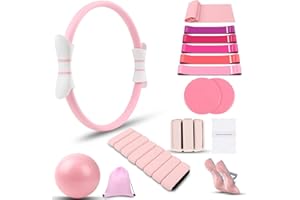 MIELIA 16 PCS Pink Pilates Ring and Ball Set for Women Home Gym, 15-Inch Magic Circle Yoga Ring, Adjustable Ankle Wrist Weights, Sliding Disc, Complete Fitness Equipment for Toning