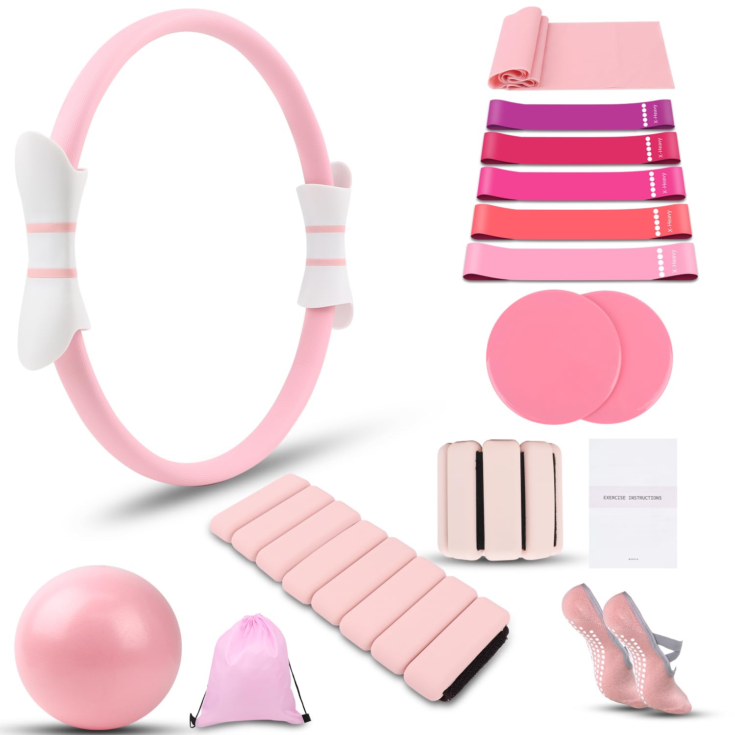 Photo 1 of 16 PCS Pink Pilates Ring and Ball Set for Women with 15" Magic Circle, Home Pilates Equipment Kit with Adjustable 1LB Ankle Wrist Weight, Resistance Band, Gliding Discs, Pilates Essentials Accessories