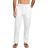 JieForge Men's Casual Linen Pants Shrink-Free Drawstring Summer Beach Pants Lightweight Relaxed Fit Pants with 4 Pockets