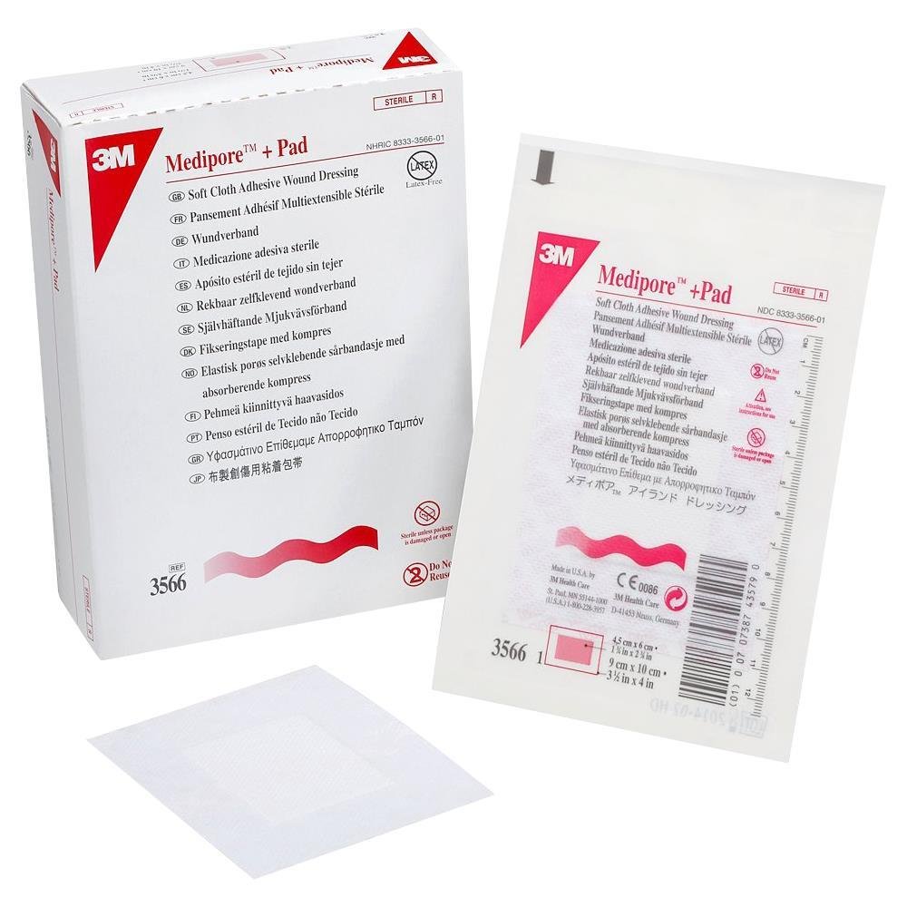 3M Adhesive Dressing Medipore Soft Cloth 3.5 X 4" Rectangle White (#3566, Sold Per Box)
