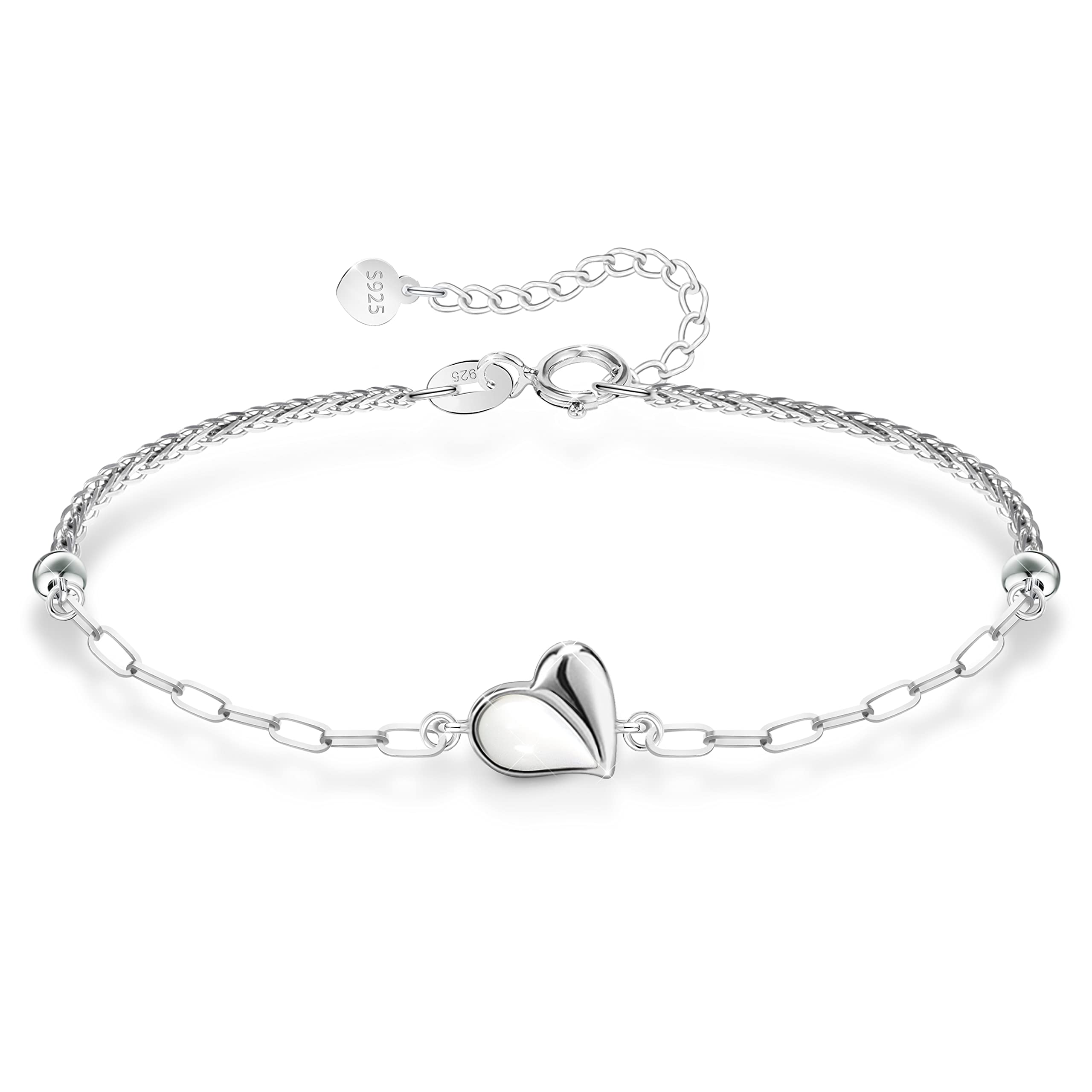 KristLand Heart Silver Bracelet for Women 925 Sterling Silver Bracelet White Gold Plated Adjustable Silver Bracelet Elegant Hand Chain Gift for Ladies Girl